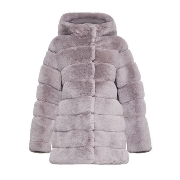 BCBG Felicia Faux Fur Hooded Coat SUPER SOFT Shiny, Caramel, Tan